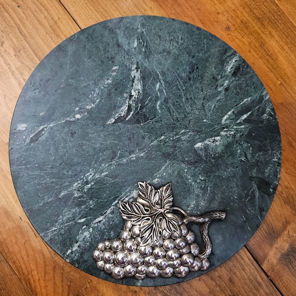 Vintage Godinger Green Marble Cheese Serving Board Silver Tone Grape Decor 10"